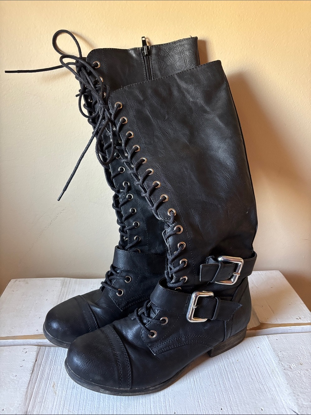 Women's Black Lace-Up Knee Boots with Buckle Detail